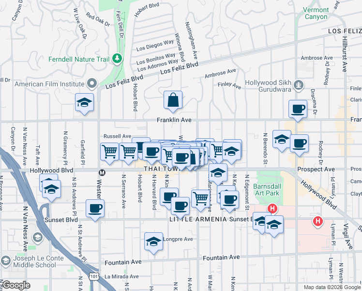 map of restaurants, bars, coffee shops, grocery stores, and more near 1820 3/4 Winona Boulevard in Los Angeles