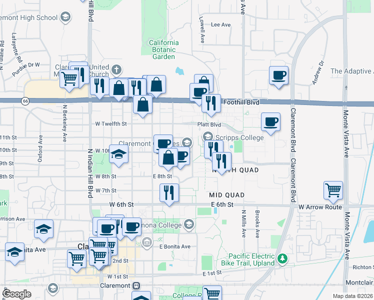 map of restaurants, bars, coffee shops, grocery stores, and more near 747 North Dartmouth Avenue in Claremont
