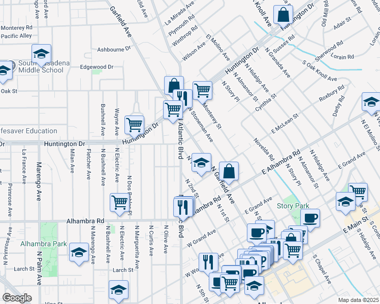map of restaurants, bars, coffee shops, grocery stores, and more near 920 North 1st Street in Alhambra