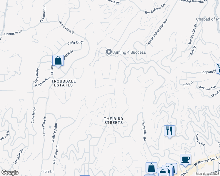 map of restaurants, bars, coffee shops, grocery stores, and more near 9214 Nightingale Drive in West Hollywood