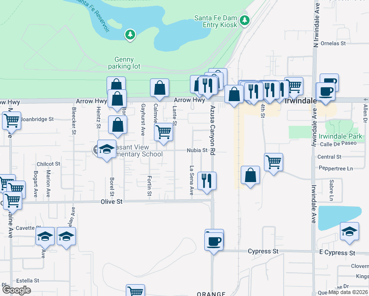 map of restaurants, bars, coffee shops, grocery stores, and more near 15323 Nubia Street in Baldwin Park
