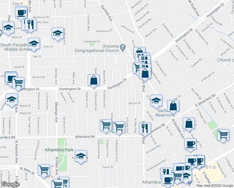 map of restaurants, bars, coffee shops, grocery stores, and more near 1009 North Marguerita Avenue in Alhambra