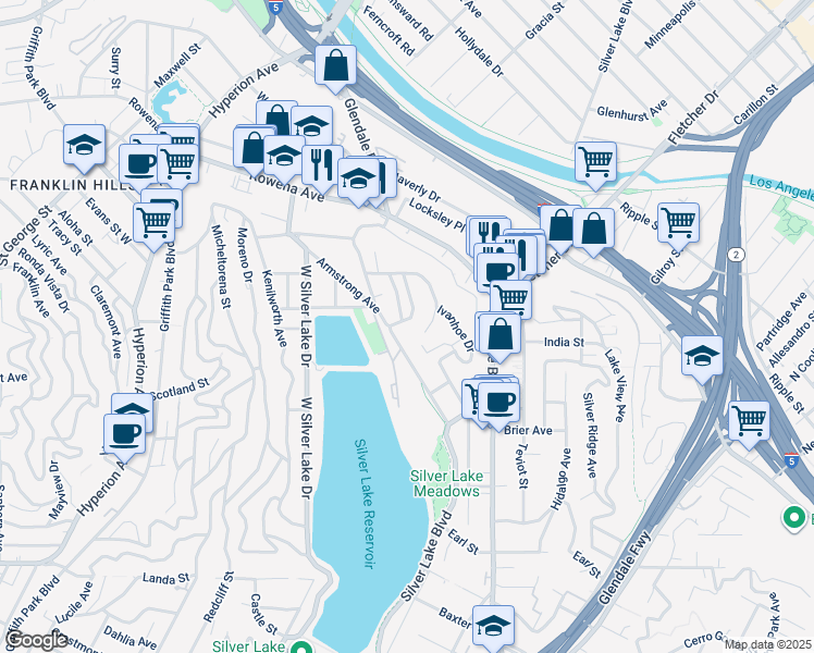 map of restaurants, bars, coffee shops, grocery stores, and more near 2618 Lake View Terrace East in Los Angeles