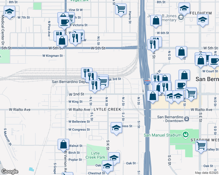 map of restaurants, bars, coffee shops, grocery stores, and more near 261 North K Street in San Bernardino