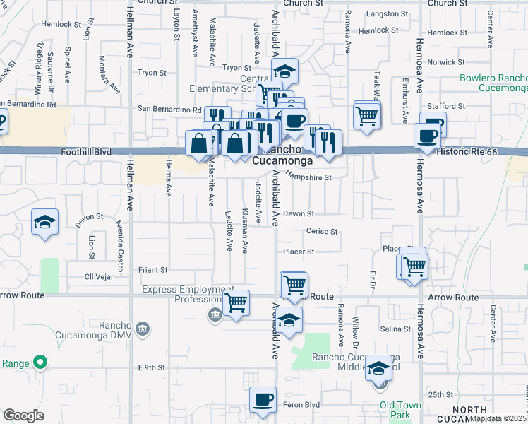 map of restaurants, bars, coffee shops, grocery stores, and more near 8267 Jadeite Avenue in Rancho Cucamonga