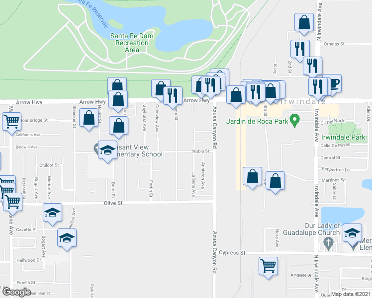 map of restaurants, bars, coffee shops, grocery stores, and more near 15323 Nubia Street in Baldwin Park