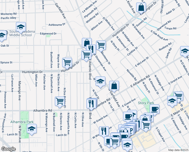 map of restaurants, bars, coffee shops, grocery stores, and more near 1000 North 1st Street in Alhambra
