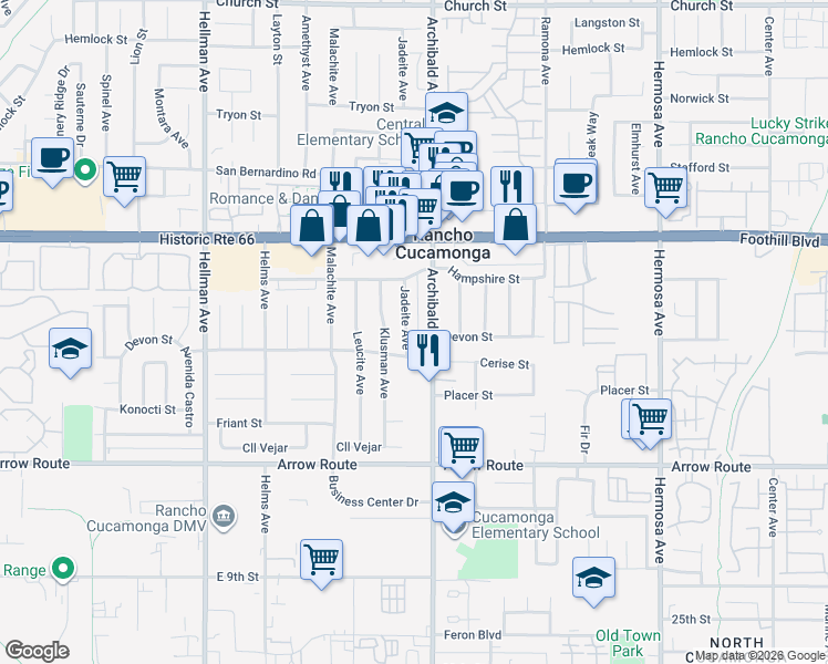 map of restaurants, bars, coffee shops, grocery stores, and more near 8267 Jadeite Avenue in Rancho Cucamonga