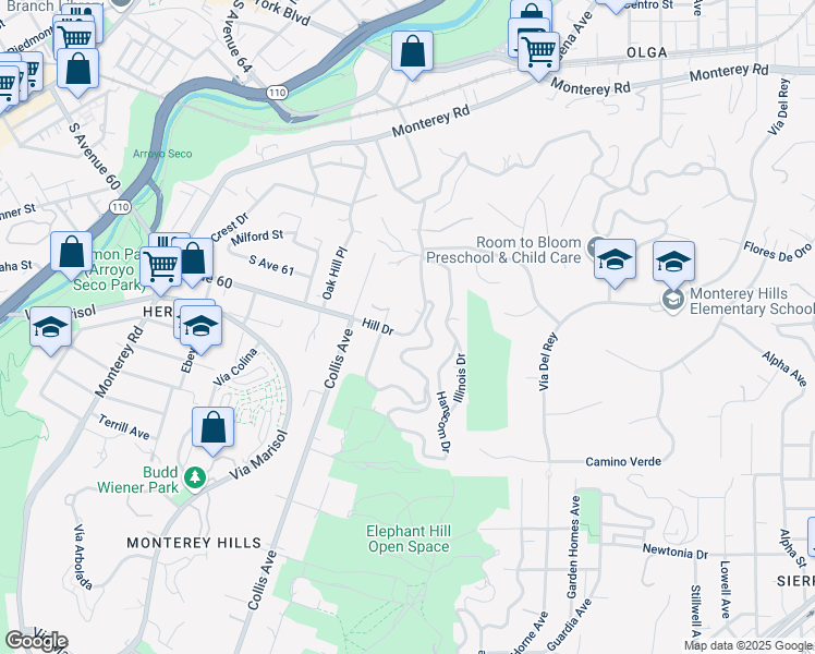 map of restaurants, bars, coffee shops, grocery stores, and more near 1829 Hill Drive in South Pasadena