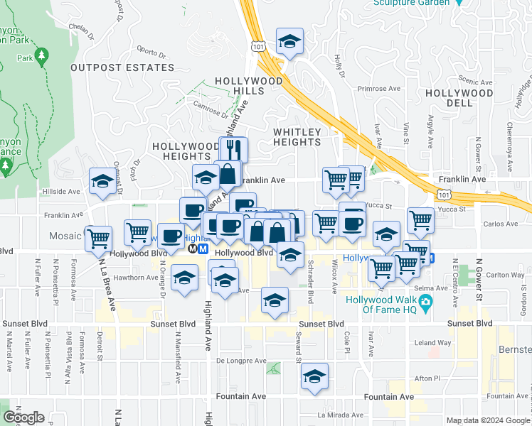 map of restaurants, bars, coffee shops, grocery stores, and more near 1811 North Cherokee Avenue in Los Angeles