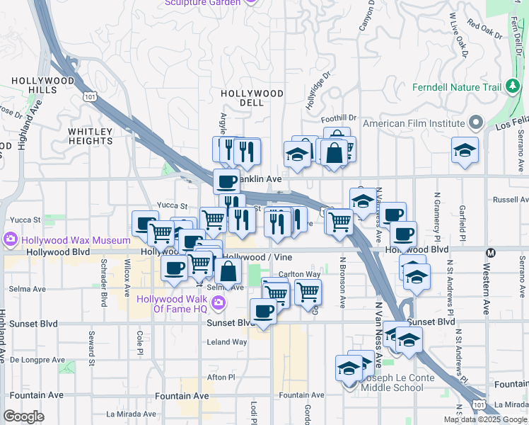 map of restaurants, bars, coffee shops, grocery stores, and more near 6125 Carlos Avenue in Los Angeles