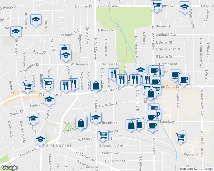 map of restaurants, bars, coffee shops, grocery stores, and more near 111 Alabama Street in San Gabriel