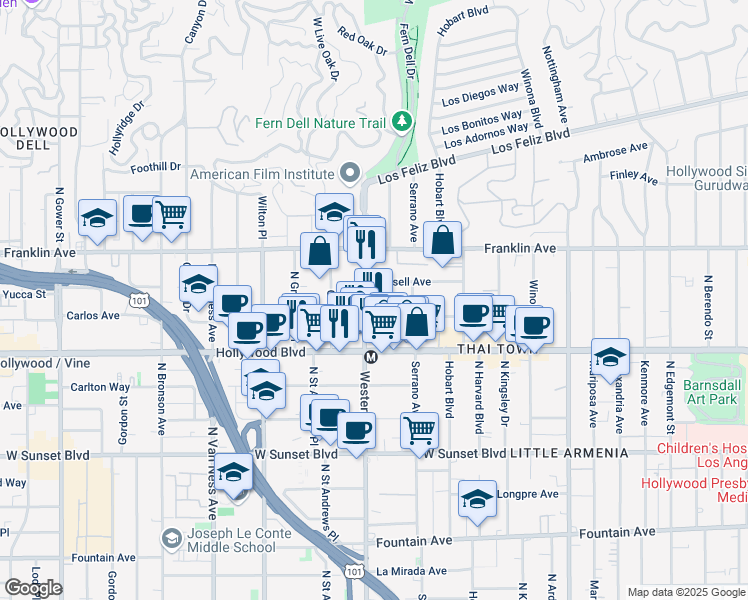 map of restaurants, bars, coffee shops, grocery stores, and more near 1825 North Western Avenue in Los Angeles