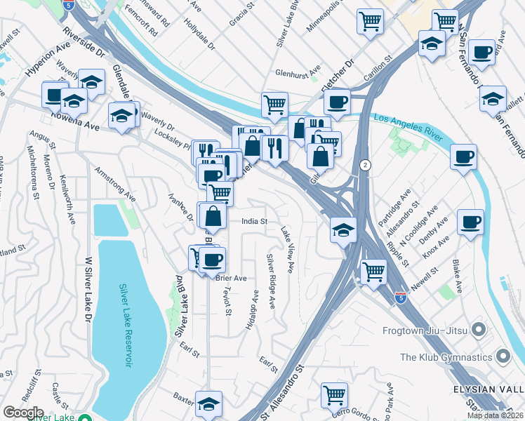map of restaurants, bars, coffee shops, grocery stores, and more near 2601 Silver Ridge Avenue in Los Angeles