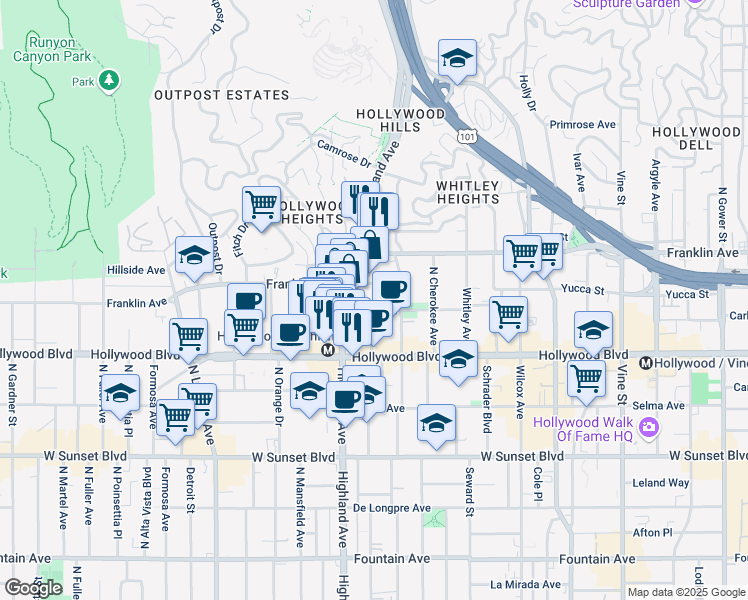 map of restaurants, bars, coffee shops, grocery stores, and more near 6735 Yucca Street in Los Angeles