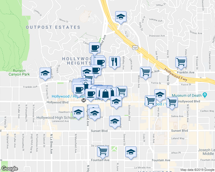 map of restaurants, bars, coffee shops, grocery stores, and more near 1760 North Las Palmas Avenue in Los Angeles