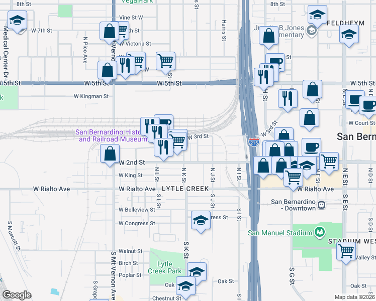 map of restaurants, bars, coffee shops, grocery stores, and more near 261 North K Street in San Bernardino