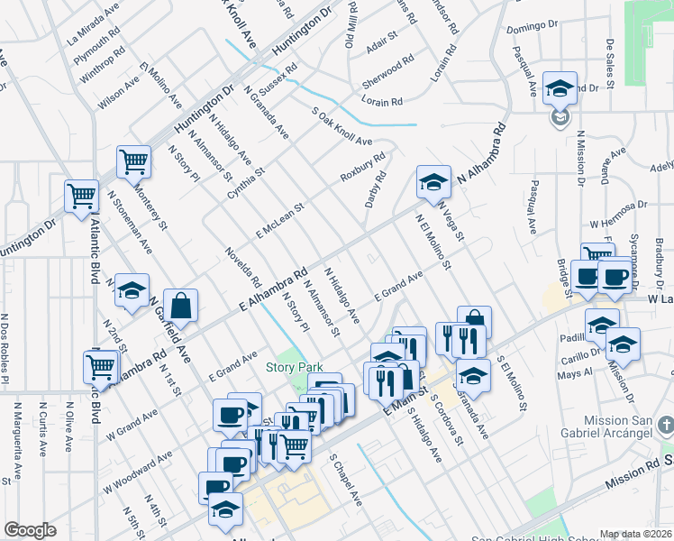 map of restaurants, bars, coffee shops, grocery stores, and more near 508 North Hidalgo Avenue in Alhambra