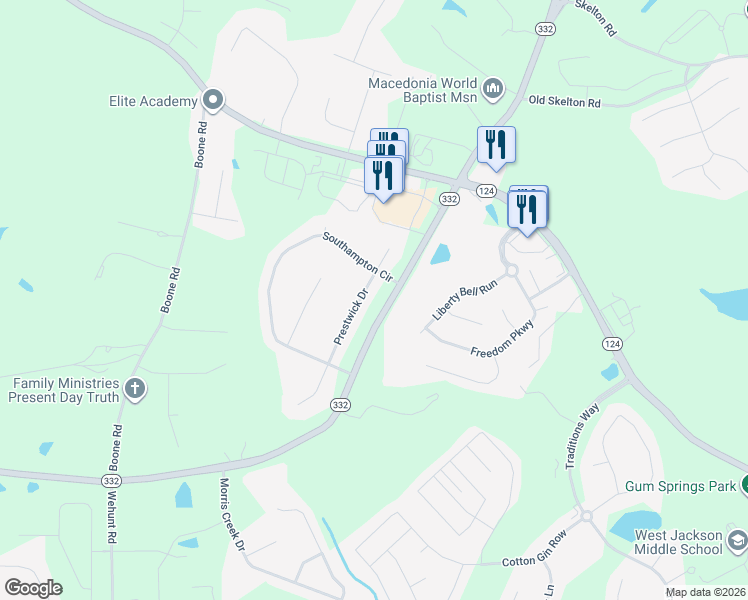 map of restaurants, bars, coffee shops, grocery stores, and more near 49 Prestwick Drive in Hoschton