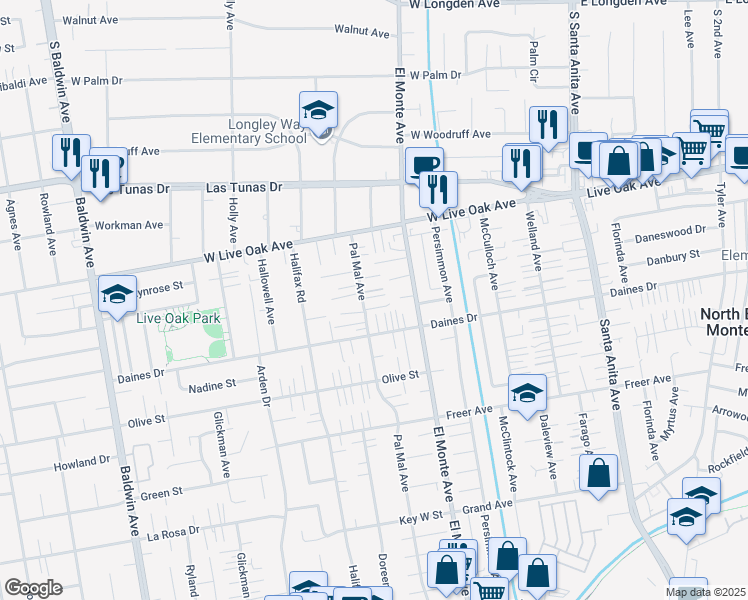 map of restaurants, bars, coffee shops, grocery stores, and more near 5540 Pal Mal Avenue in Temple City