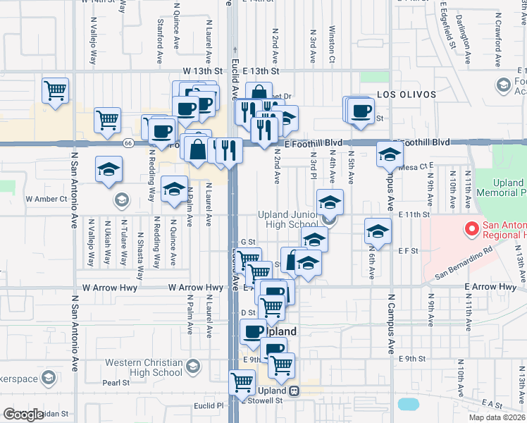 map of restaurants, bars, coffee shops, grocery stores, and more near 836 North 1st Avenue in Upland