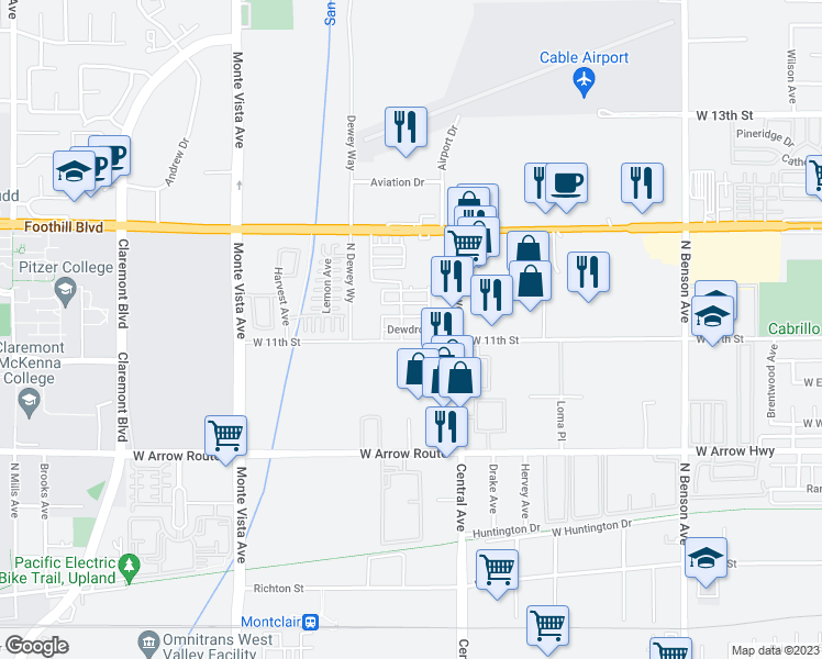 map of restaurants, bars, coffee shops, grocery stores, and more near Dewdrop in Upland