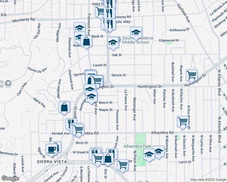 map of restaurants, bars, coffee shops, grocery stores, and more near in South Pasadena