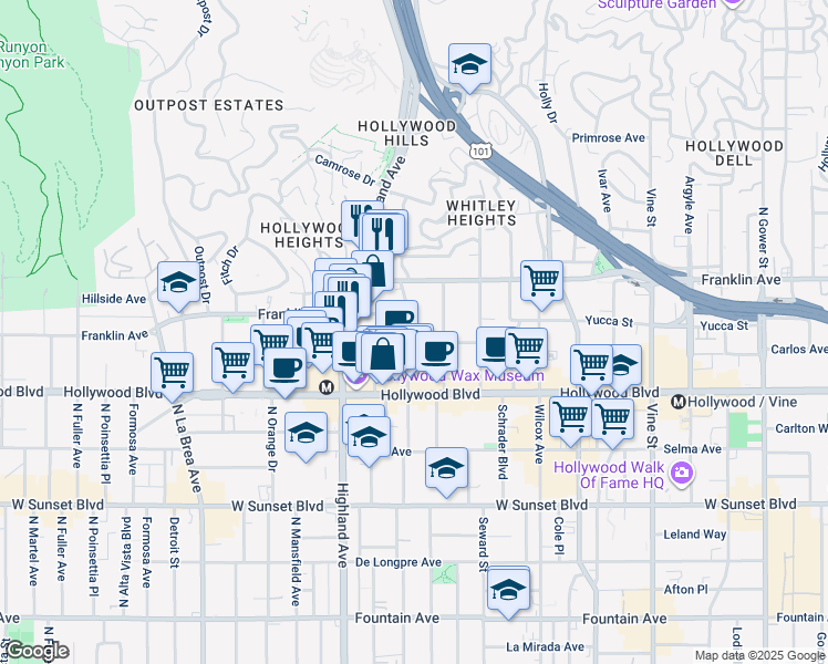 map of restaurants, bars, coffee shops, grocery stores, and more near 6700 Franklin Place in Los Angeles