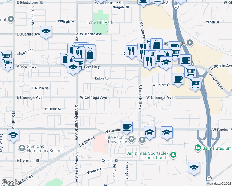 map of restaurants, bars, coffee shops, grocery stores, and more near 1245 West Cienega Avenue in San Dimas
