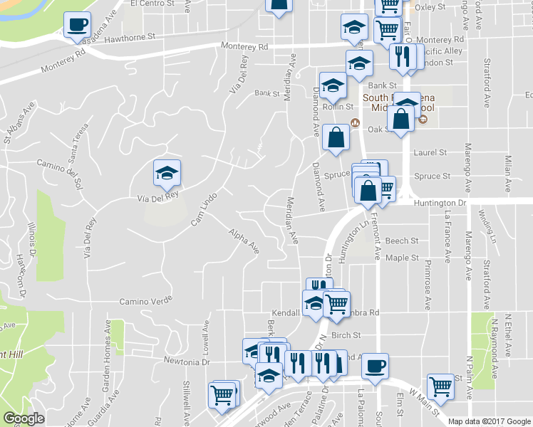 map of restaurants, bars, coffee shops, grocery stores, and more near 1809 Gillette Crescent in South Pasadena