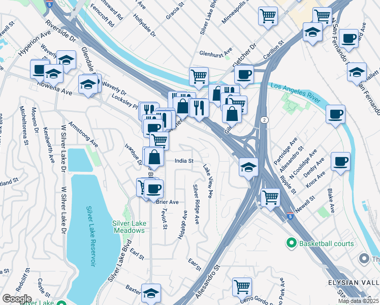 map of restaurants, bars, coffee shops, grocery stores, and more near 2601 Silver Ridge Avenue in Los Angeles