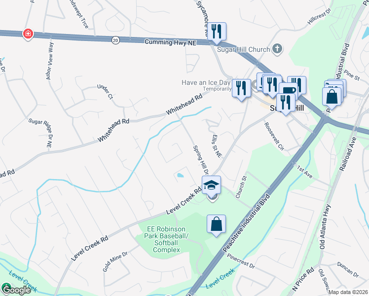 map of restaurants, bars, coffee shops, grocery stores, and more near 780 Old Spring Way Northeast in Sugar Hill