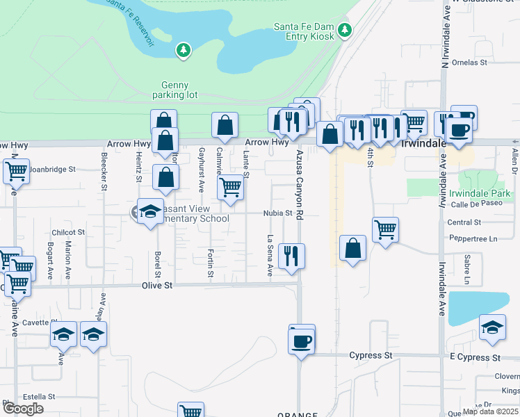 map of restaurants, bars, coffee shops, grocery stores, and more near 15323 Nubia Street in Baldwin Park