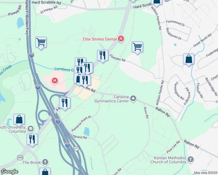 map of restaurants, bars, coffee shops, grocery stores, and more near Zachs Playhouse Road in Columbia