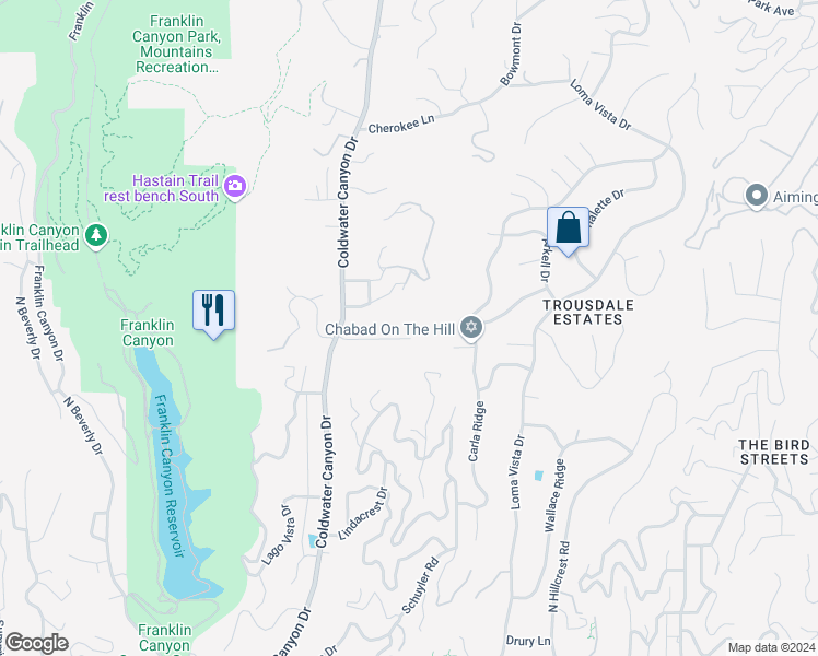 map of restaurants, bars, coffee shops, grocery stores, and more near 9509 Heather Road in Beverly Hills