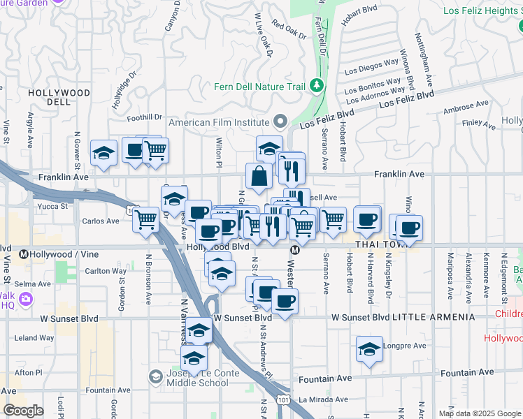 map of restaurants, bars, coffee shops, grocery stores, and more near 1801 Garfield Place in Los Angeles