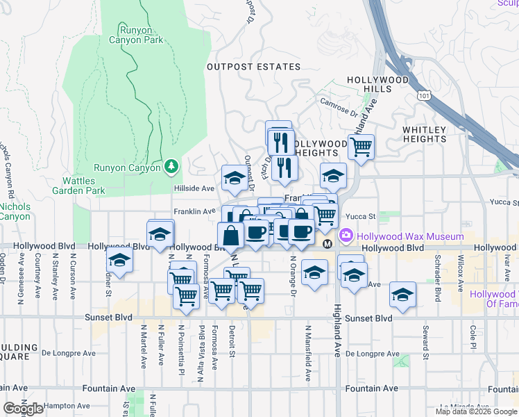 map of restaurants, bars, coffee shops, grocery stores, and more near in Los Angeles