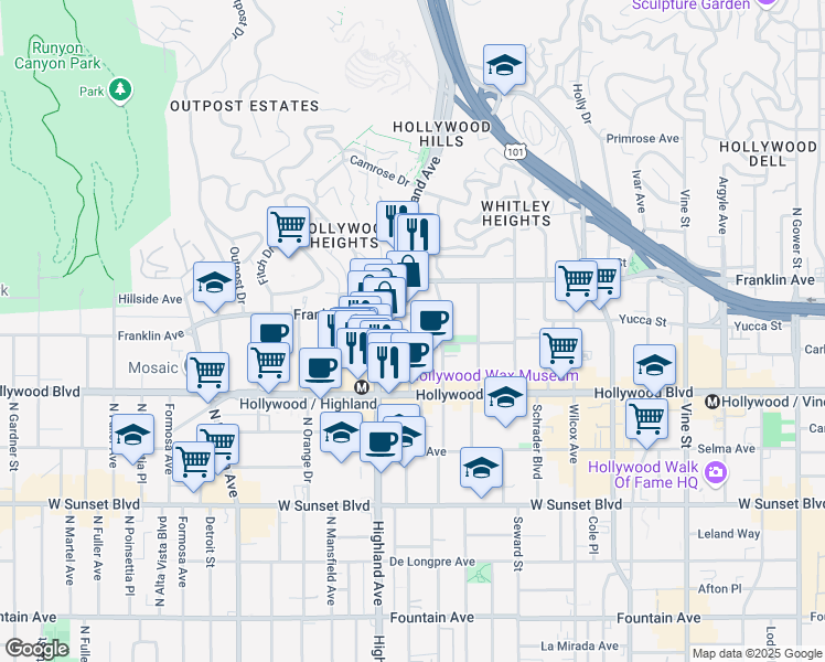 map of restaurants, bars, coffee shops, grocery stores, and more near 6735 Yucca Street in Los Angeles