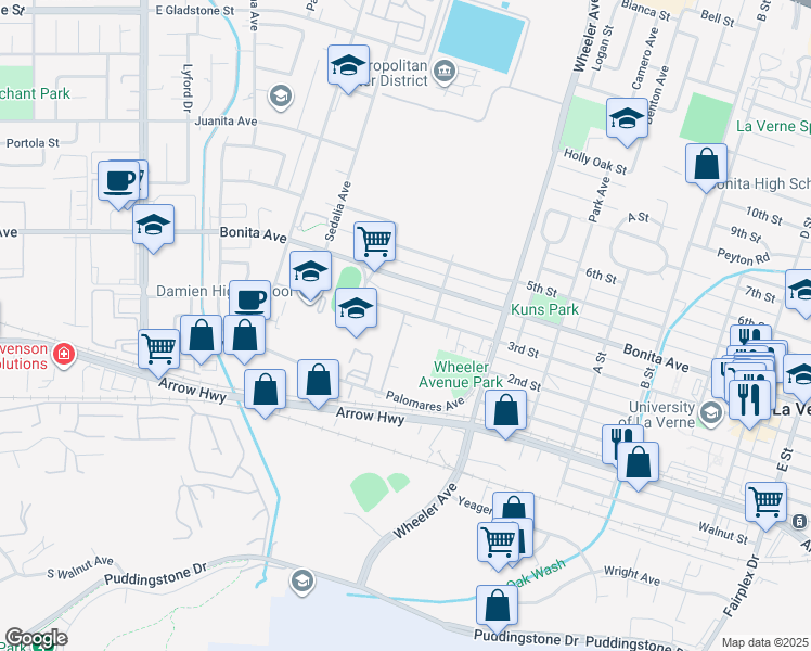 map of restaurants, bars, coffee shops, grocery stores, and more near 2254 Blossom Lane in La Verne
