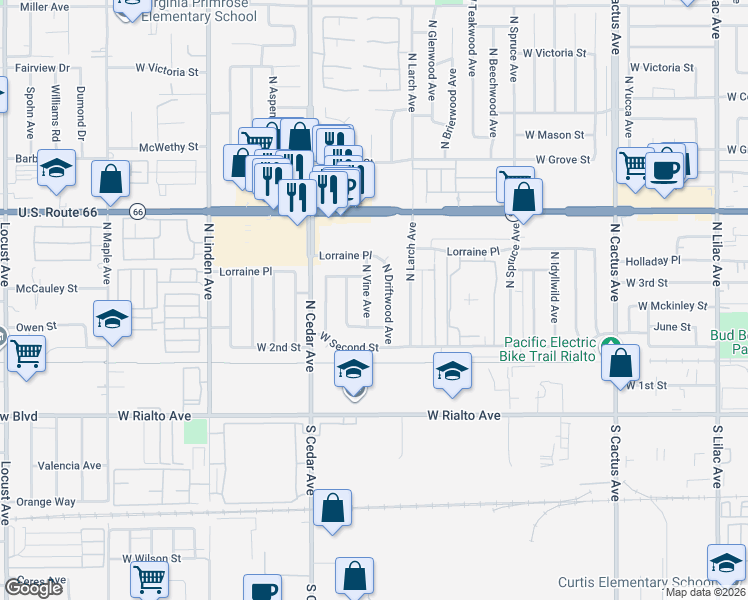 map of restaurants, bars, coffee shops, grocery stores, and more near 261 North Vine Avenue in Rialto