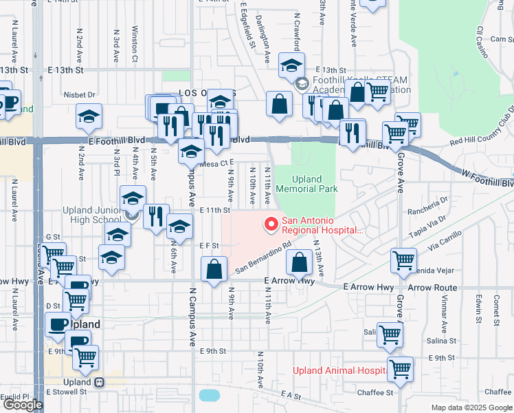 map of restaurants, bars, coffee shops, grocery stores, and more near 808 North 10th Avenue in Upland