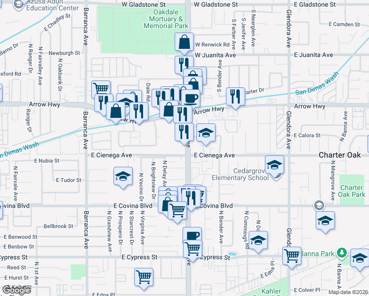 map of restaurants, bars, coffee shops, grocery stores, and more near 1319 North Grand Avenue in Covina
