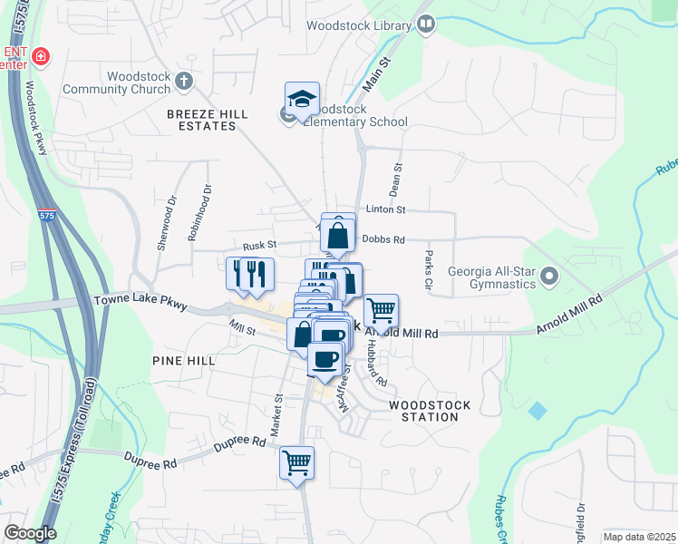 map of restaurants, bars, coffee shops, grocery stores, and more near 8362 Main Street in Woodstock