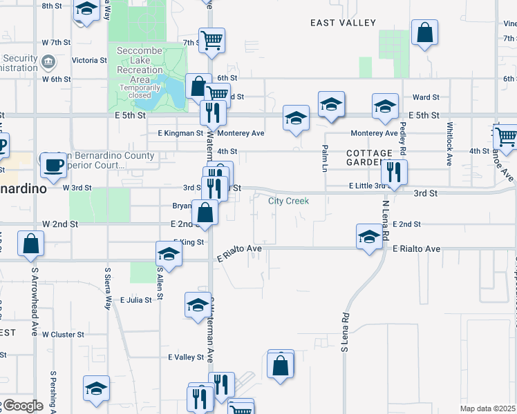map of restaurants, bars, coffee shops, grocery stores, and more near 379 East 3rd Street in San Bernardino