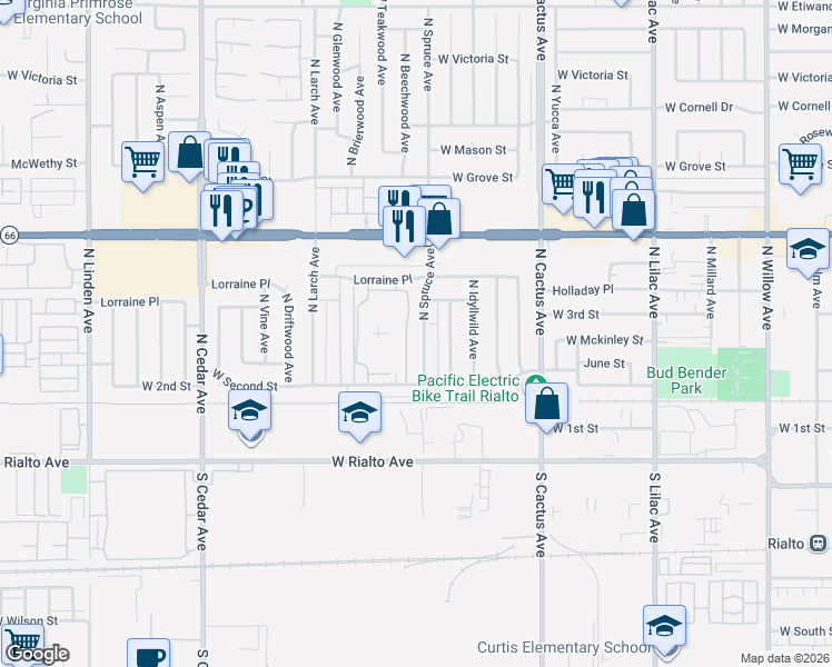 map of restaurants, bars, coffee shops, grocery stores, and more near 240 North Spruce Avenue in Rialto