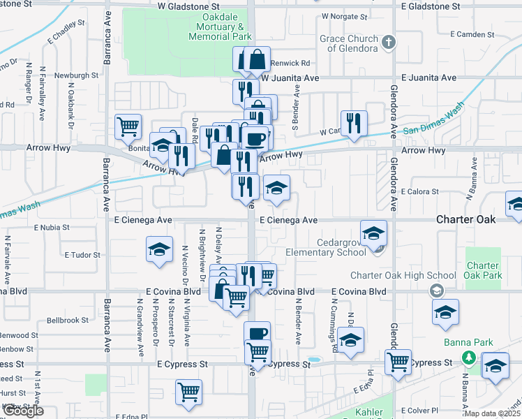 map of restaurants, bars, coffee shops, grocery stores, and more near 19526 East Calora Street in Covina