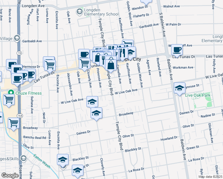 map of restaurants, bars, coffee shops, grocery stores, and more near 5733 Temple City Boulevard in Temple City