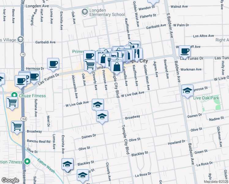 map of restaurants, bars, coffee shops, grocery stores, and more near 5733 Temple City Boulevard in Temple City