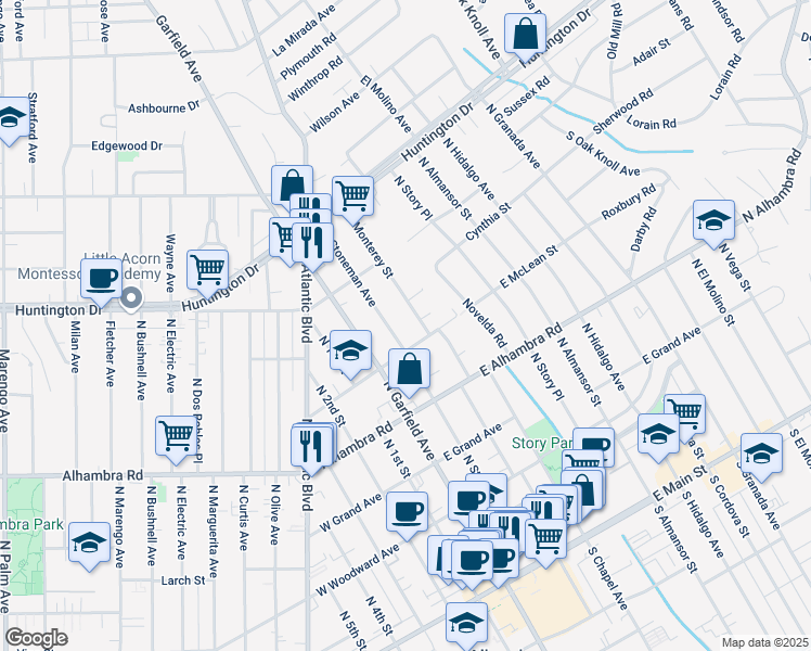 map of restaurants, bars, coffee shops, grocery stores, and more near 829 North Monterey Street in Alhambra