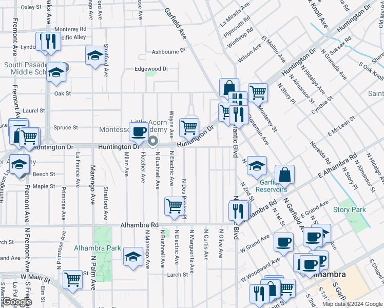 map of restaurants, bars, coffee shops, grocery stores, and more near 2012 West Pine Street in Alhambra
